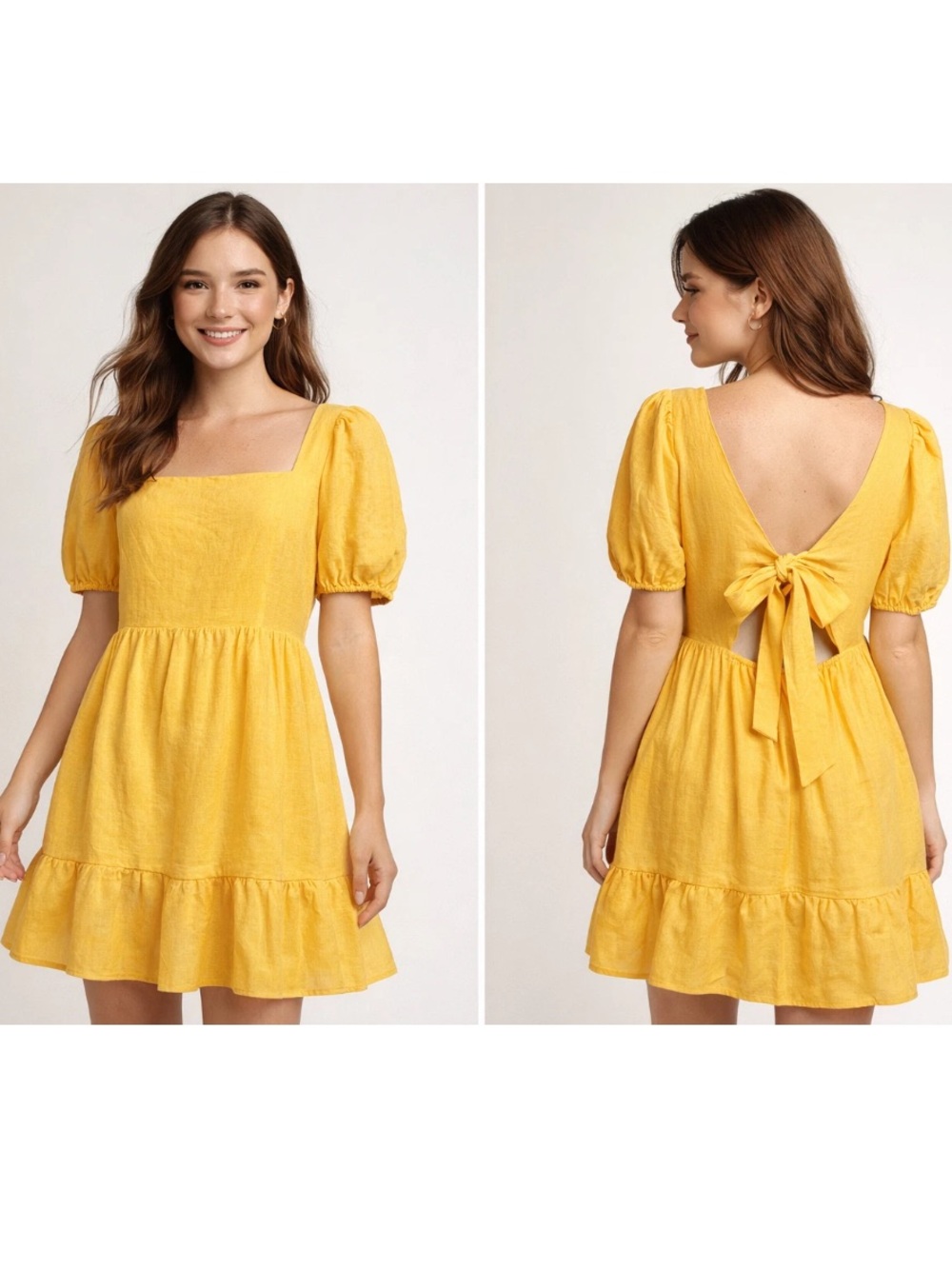 Copper Key Yellow Puff Sleeve Dress Open Back Bow Ruffle Square Neck Linen Sz S